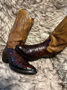 Men's J CHISHOLM Brown & Tan Western OSTRICH & Leather Cowboy Boots Sz 8.5 D